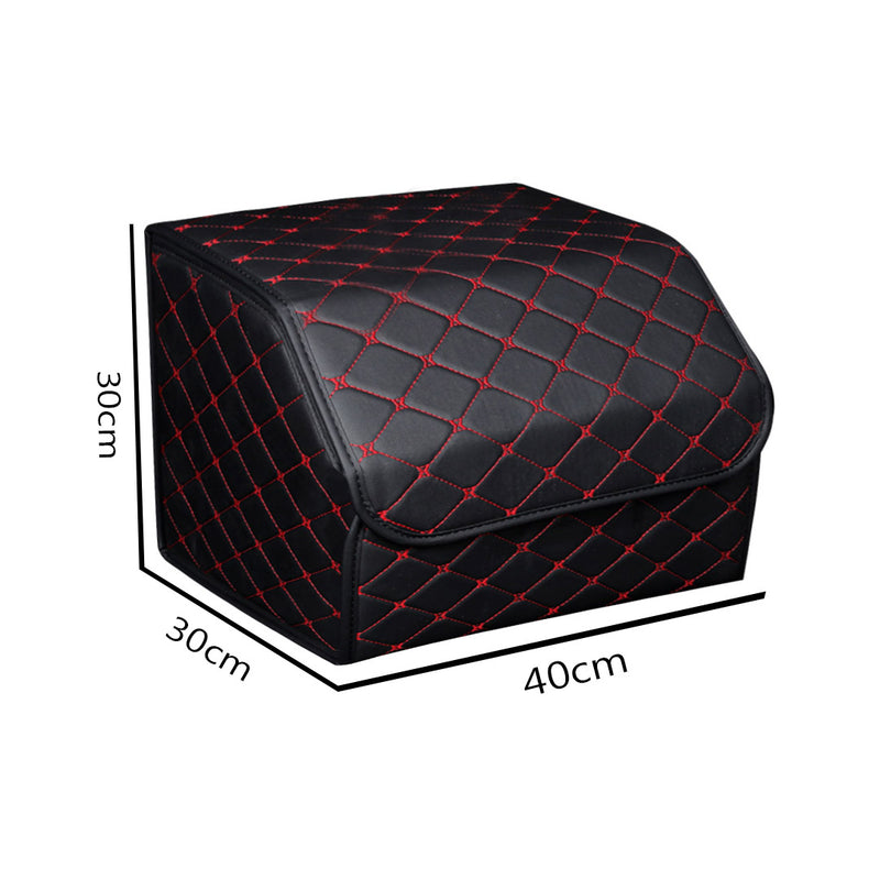 Leather Car Boot Organizer Foldable Collapsible Storage Box Black Red Stitch