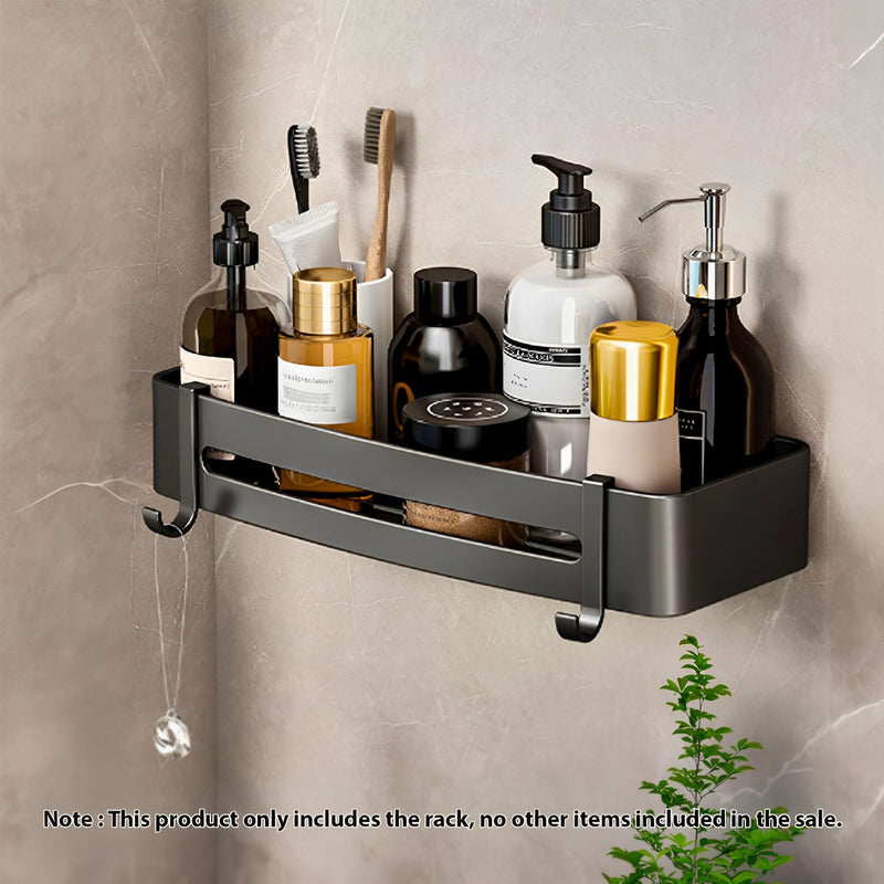 Wall Mounted Aluminum Adhesive Bathroom Shelf Rack With Hooks 33x15x6cm Black