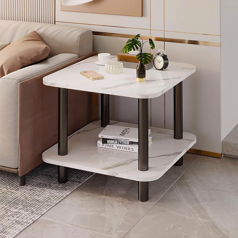 2X 60x60x53cm White Ceramic Side Table Stone Pattern Black Metal Legs