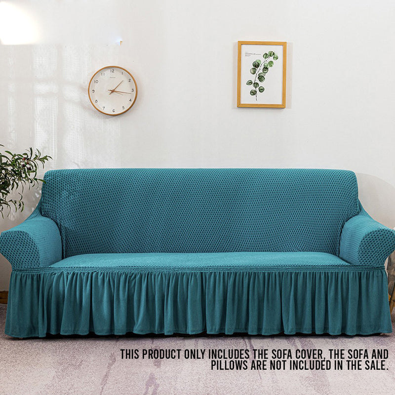 4-Seater Blue Sofa Cover Ruffled Skirt Stretch Couch Protector Polyester