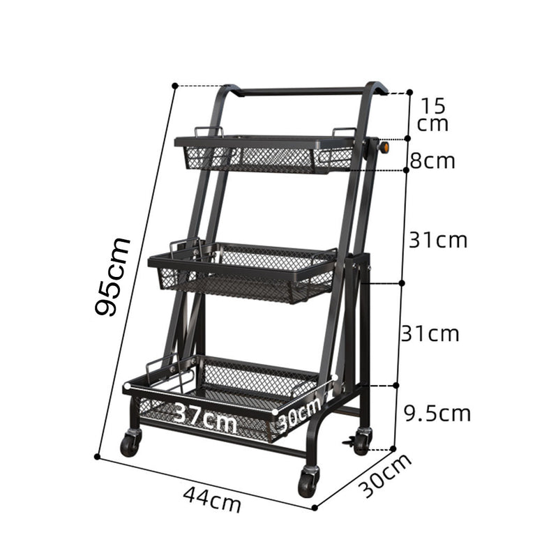 3 Tier Carbon Steel Kitchen Cart Mesh Shelves Black Locking Wheels Adjustable