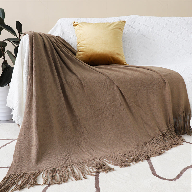 Acrylic Knitted Throw Blanket 130cmx220cm Fringed Cozy Coffee
