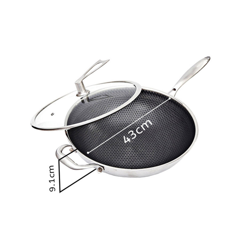 34cm 18/10 Stainless Steel Tri Ply Frying Pan Textured Non Stick With Glass Lid