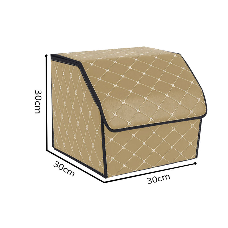 2X Leather Car Boot Organizer 30x30x30cm Collapsible Divider Beige Gold Stitch