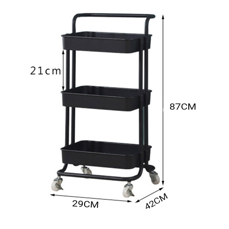 3 Tier Black Steel Kitchen Cart Multi-Functional Storage Shelves With Wheels