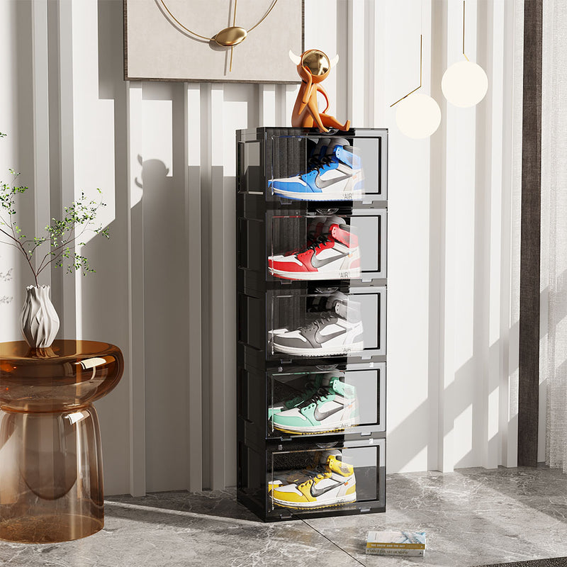2X 5 Tier Black Shoe Organizer Plastic Stackable Bin With Magnetic Door