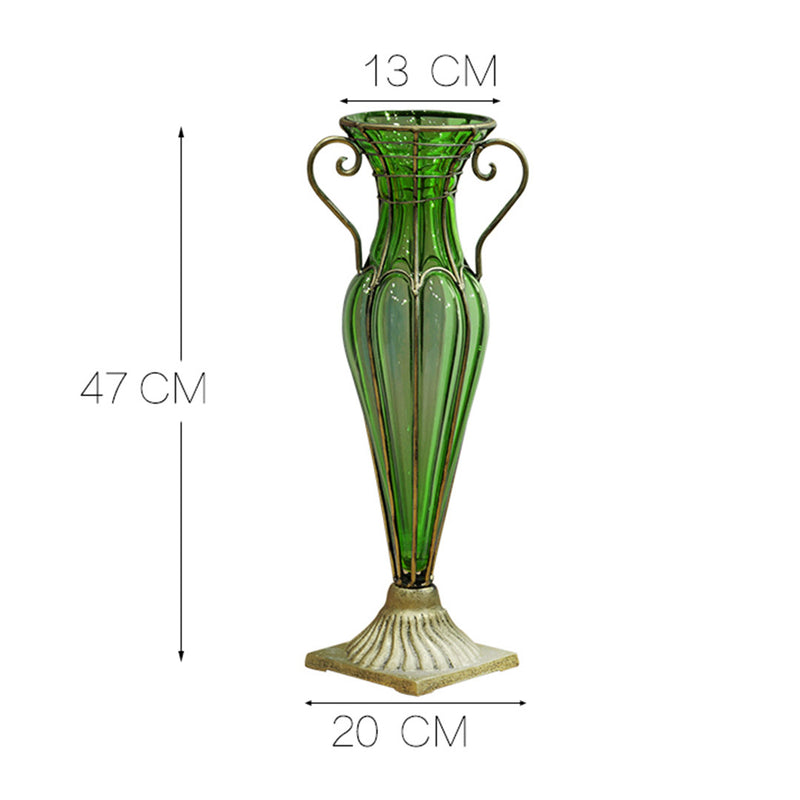 Green Glass Gold Metal Vase 20x13x47cm 8 Bunch 5 Heads Artificial Silk Rose