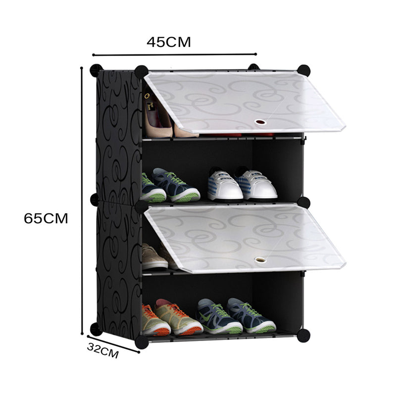 4 Tier Stackable Shoe Rack Polypropylene 45cm X 32cm X 65cm Black Cover