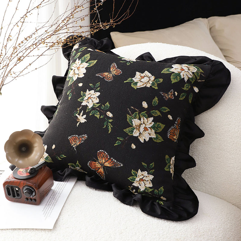 45cm Square Vintage Velvet Embroidered Throw Pillow 15cm Thick Black