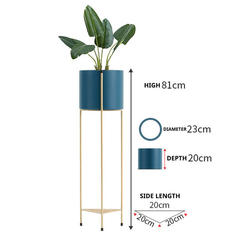 2 Layer Metal Plant Stand 81cm Gold with Blue Pot Indoor Outdoor Corner Display