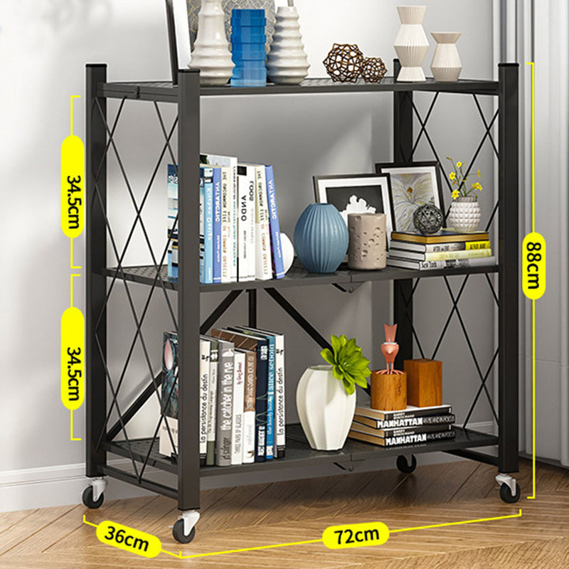 3 Tier Carbon Steel Foldable Kitchen Cart Black Wheels 71x38x90cm 20Kg Per Shelf