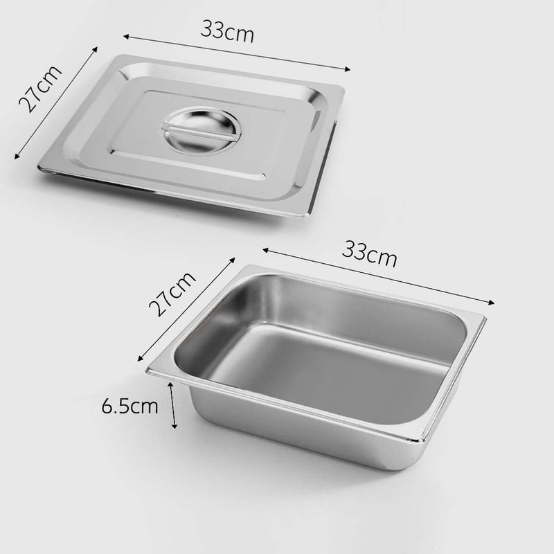 12X Stainless Steel GN Pan Full Size 6.5cm Deep Tray with Lid for Catering