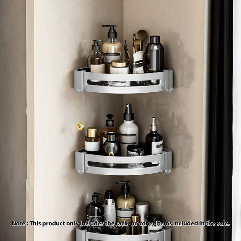2X Silver Aluminum Wall Mounted Triangular Corner Shelf Rack 24.5x24x6cm Hooks