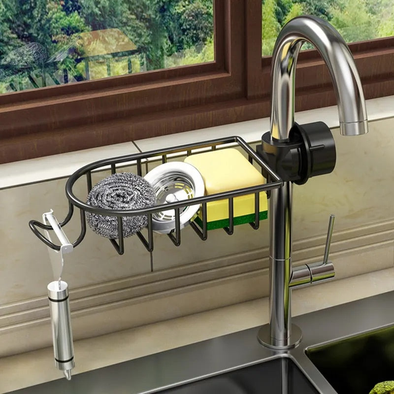 2X Kitchen Sink Storage Rack Aluminum Faucet Caddy 28.5x12x8cm Black