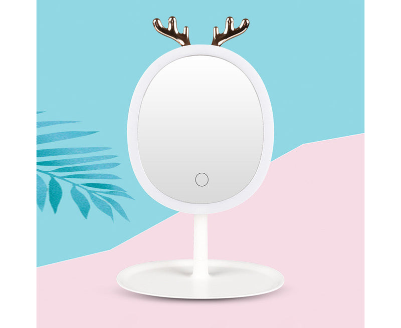 White Plastic Cosmetic Jewelry Storage Organizer With Antler Led Mirror Tabletop