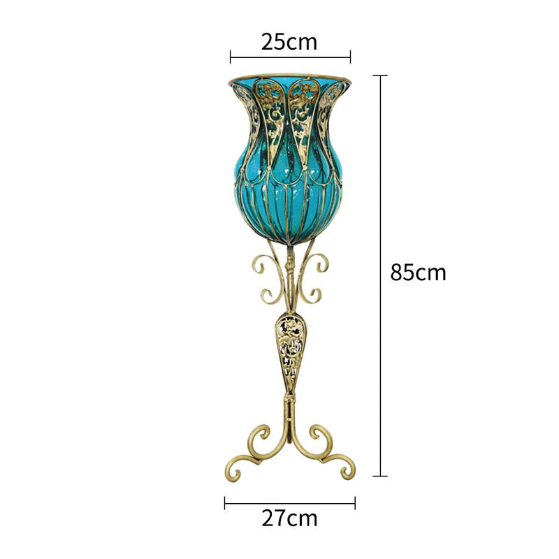 85cm Blue Glass And Gold Metal Tall Floor Vase 12pcs Pink Artificial Flowers