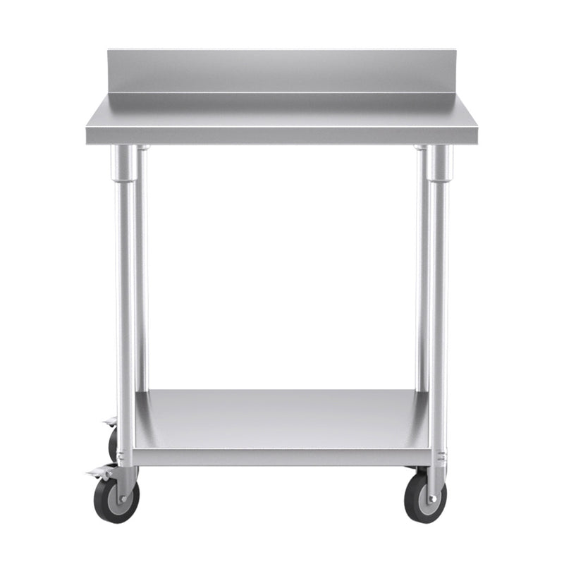 80cm Stainless Steel Kitchen Work Bench Table with Backsplash Castor Wheels