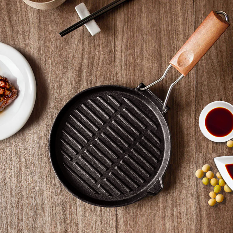 24cm Round Ribbed Cast Iron Non Stick Grill Pan Folding Wooden Handle Black