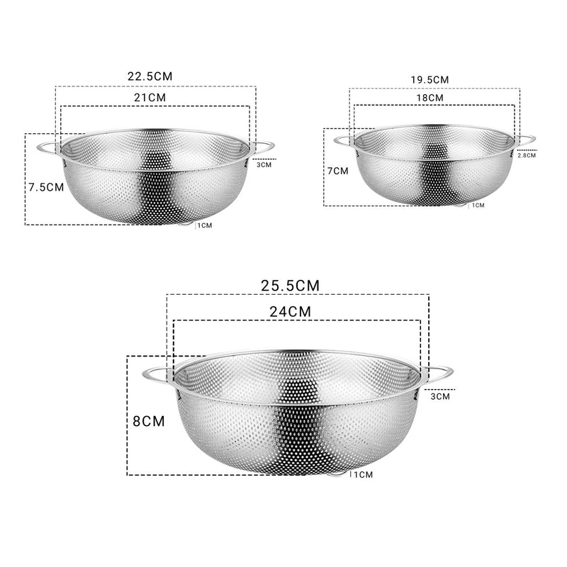 Stainless Steel Perforated Colander Set 19.5cm 22.5cm 25.5cm 2 Handle Fine Holes