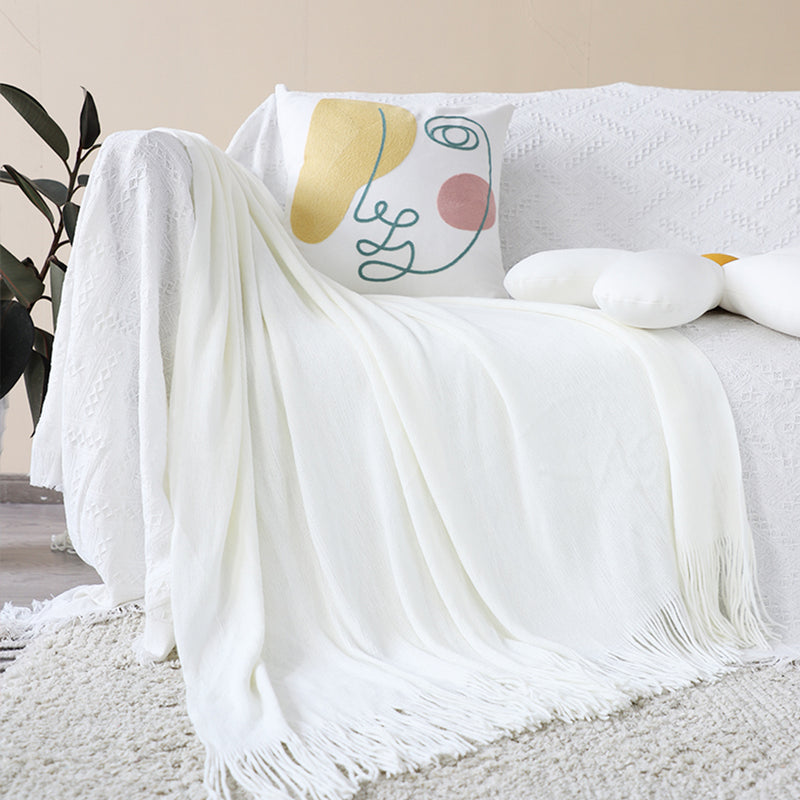 White Acrylic Knitted Throw Blanket 130x220cm Fringed Cozy Woven
