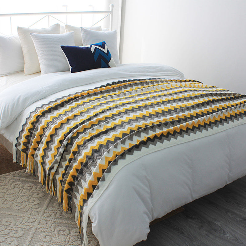 2X Throw Blanket Acrylic 130cmx220cm Knitted Zigzag Striped Fringed Yellow