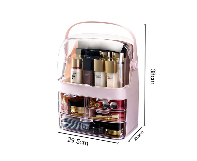 2X 3 Tier ABS Plastic Countertop Makeup Organizer Dustproof Lid Handle Pink