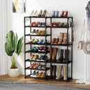 12 Shelf Shoe Storage Rack Organizer Black Space Saving with Side Hooks