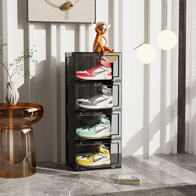 2X 4 Tier Shoe Organizer Black Plastic Stackable Storage Box with Magnetic Door