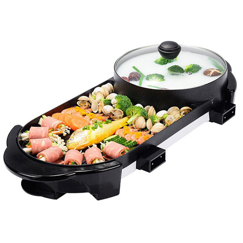 2 In 1 Electric Non Stick Teppanyaki Grill Steamboat Hotpot Black 2 To 8 Person