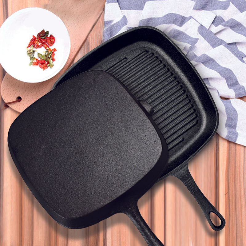 2X 24cm Square Ribbed Cast Iron Skillet Preseasoned Induction Ready With Handle