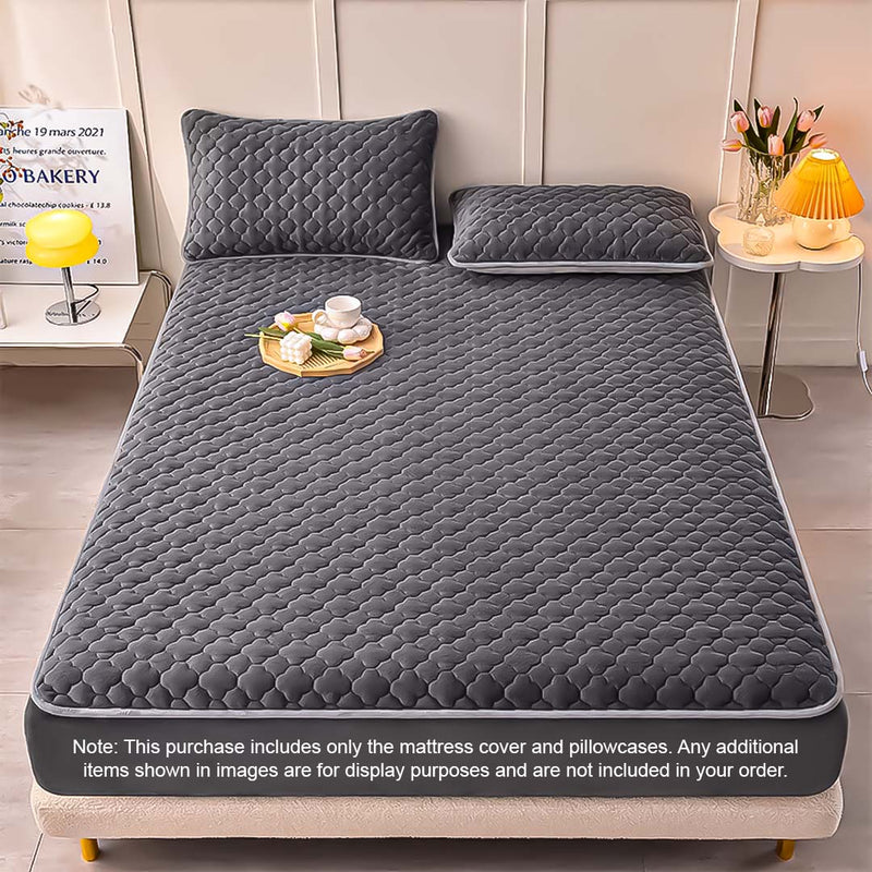 2X Grey 138cm Mattress Cover Quilted Fleece Stretch Protector Pillow Covers