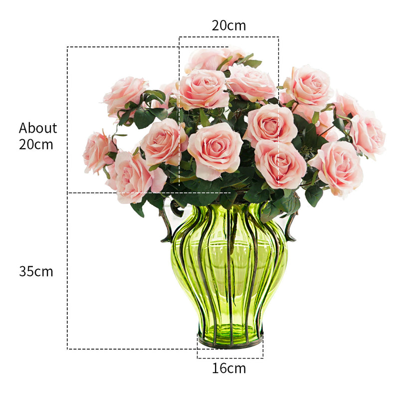 Green Glass Vase Gold Metal 16cm X 20cm X 35cm 4 Bunch 9 Heads Silk Roses