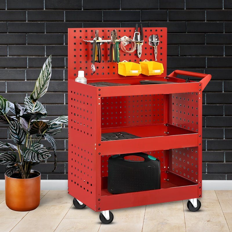 2X 3 Tier Tool Cart Steel 40kg Per Tier Red Ventilated Side Panels Wheels
