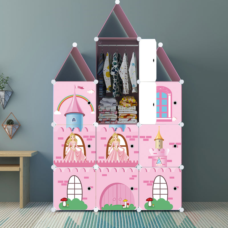 10 Cubes Diy Castle Print Portable Wardrobe Polypropylene 110x37x165cm Pink