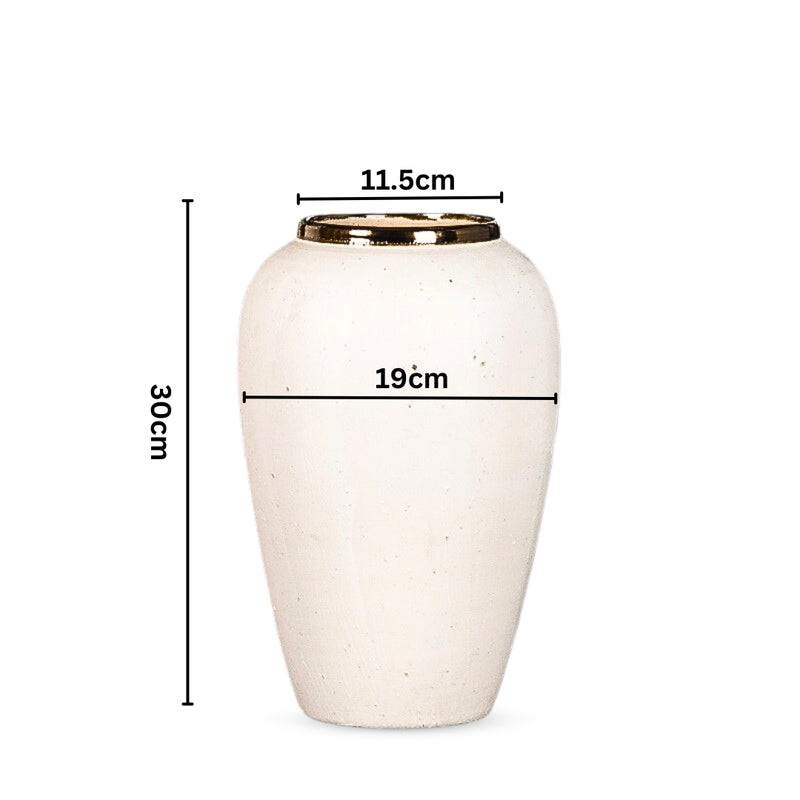 Medium White Ceramic Flower Vase Gold Accent Home Decor Elegant Display Piece