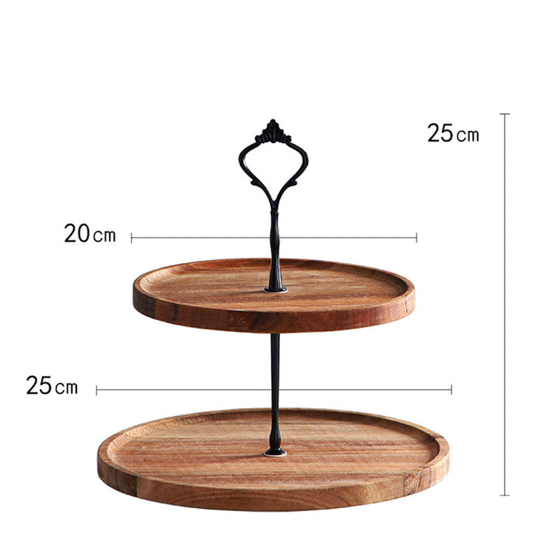 2X 20cm 2 Tier Round Acacia Wood Dessert Tray Brown Metal Handle