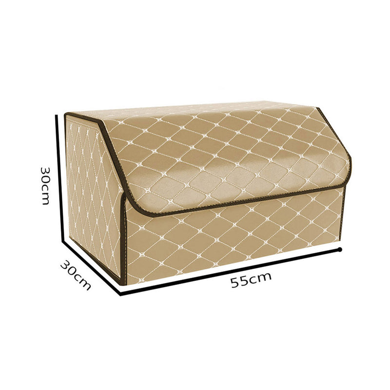 4X Leather Car Boot Organizer 55x30x30Cm Collapsible Beige Gold Stitch