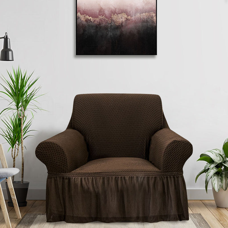 1 Seater Sofa Cover Polyester Stretch Ruffled Skirt Fits 90 To 140 Cm Coffee