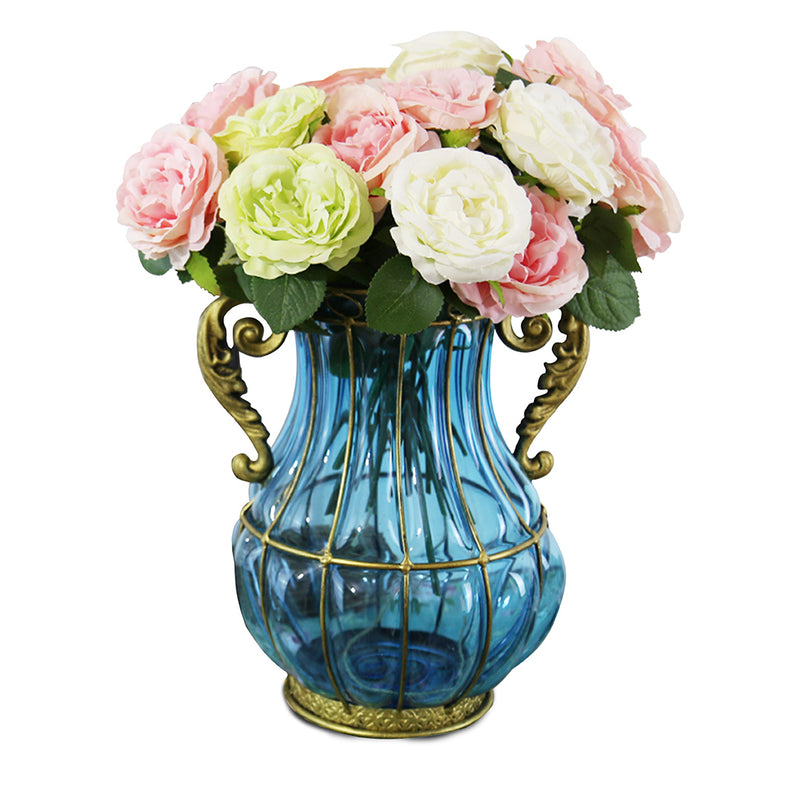 Blue Glass Flower Vase Two Metal Handles Gold Accents 10cm x 14cm x 26cm