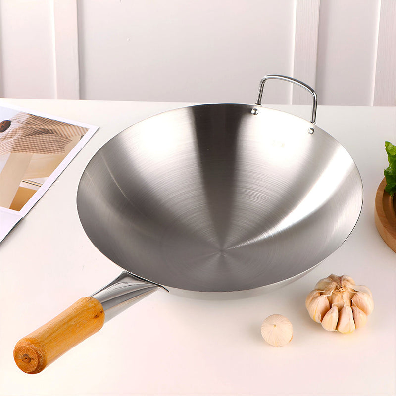 Stainless Steel Cooking Wok 43cm with Wood Handle Home Commercial Use