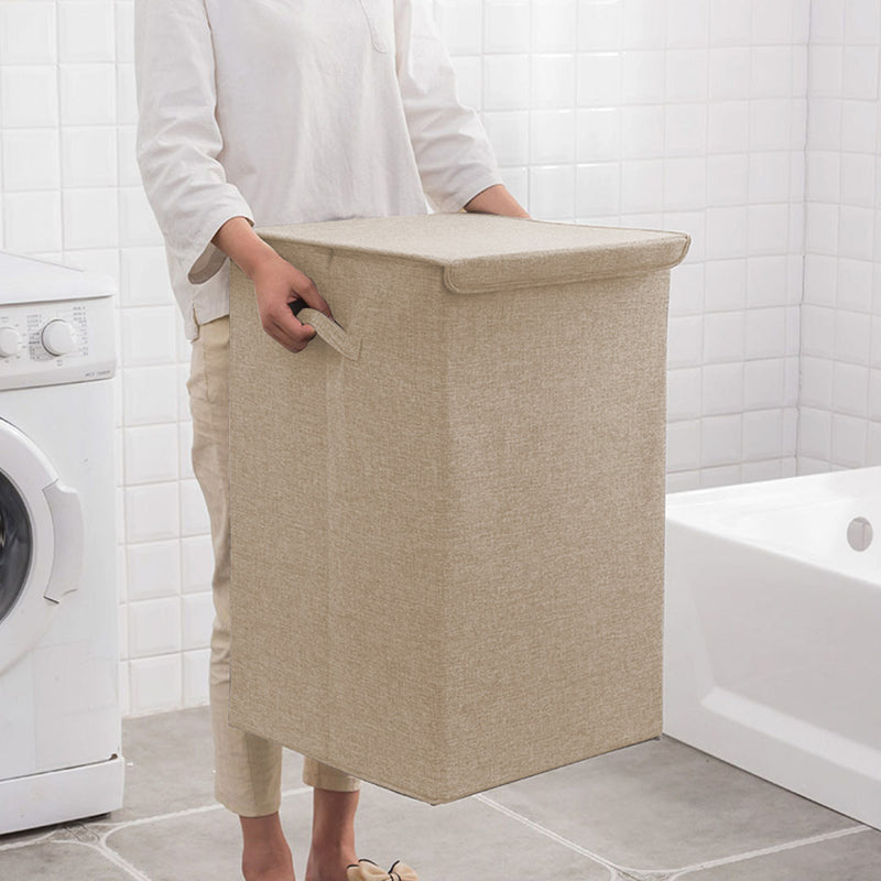 2X Beige Medium Collapsible Laundry Hamper Canvas Storage Box 34cmx34cmx56cm
