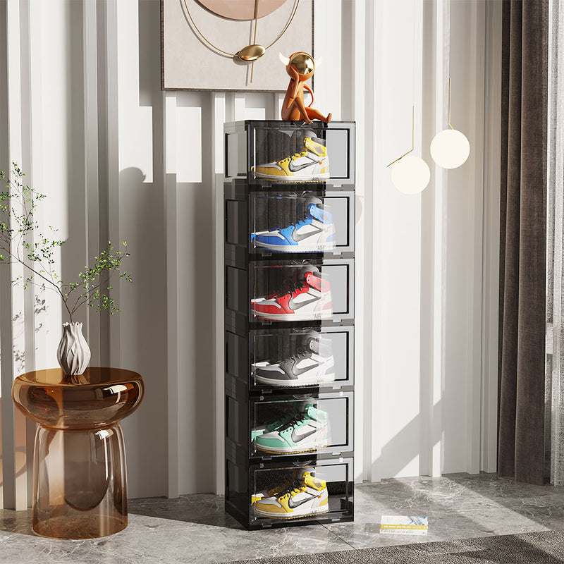 6 Tier Plastic Shoe Organizer Stackable Transparent Magnetic Door Black