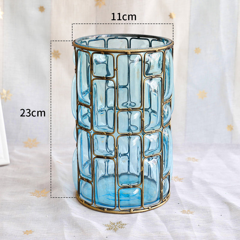 Blue Glass Cylinder Vase with 8 Bunch Fake Silk Rose Flowers for Home Decor