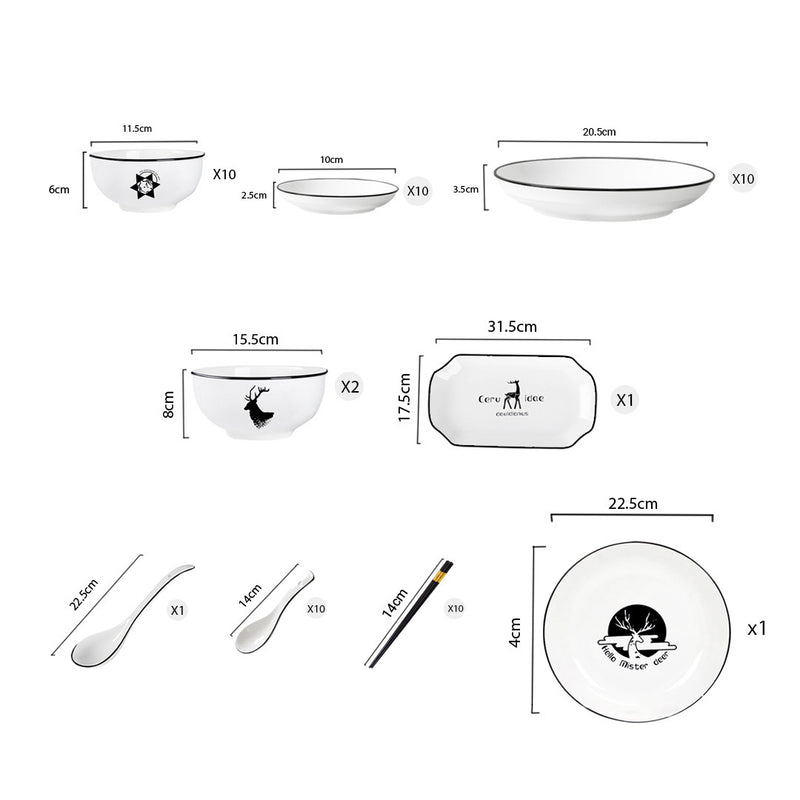 Ceramic Dinnerware White Antler Print Bowls Plates Spoons Stackable Set of 34