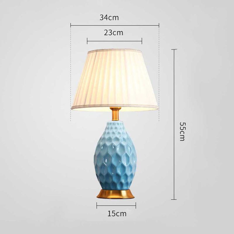 Textured Ceramic Oval Table Lamp Gold Metal Base Blue Drum Shade 55cm