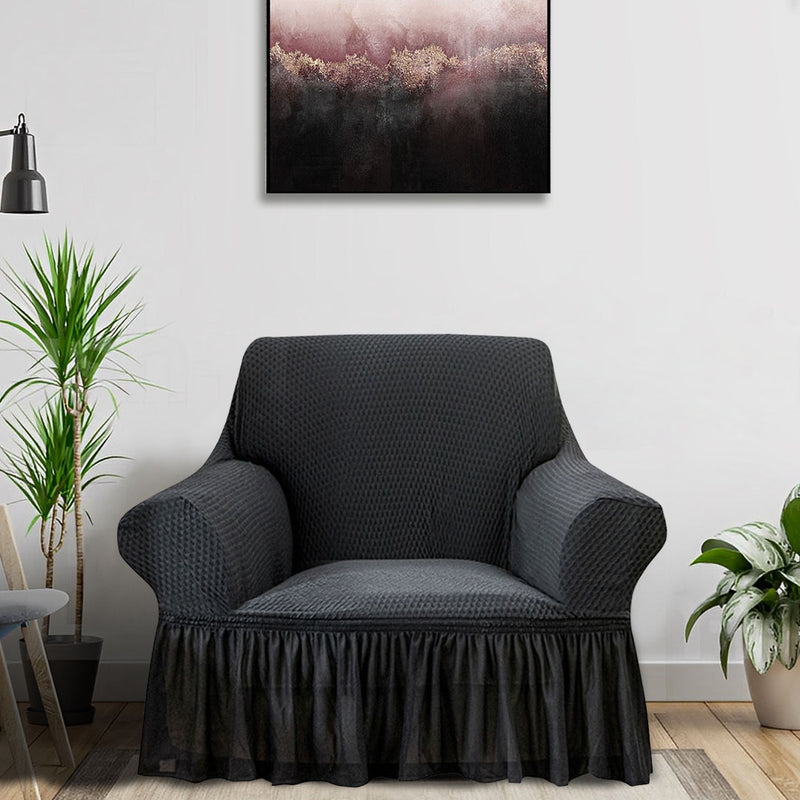 1-Seater Dark Grey High Stretch Ruffle Skirt Polyester Sofa Cover Protector