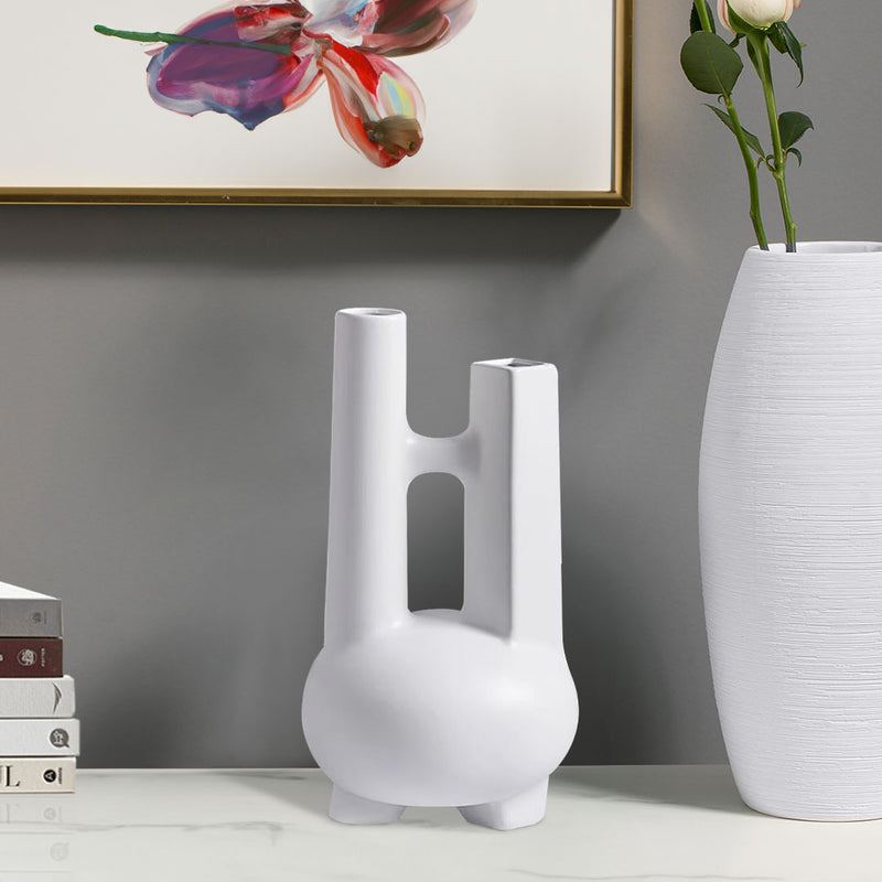 Modern Minimalist Geometric Ceramic Vase Double Tube 20.5x36.5cm White