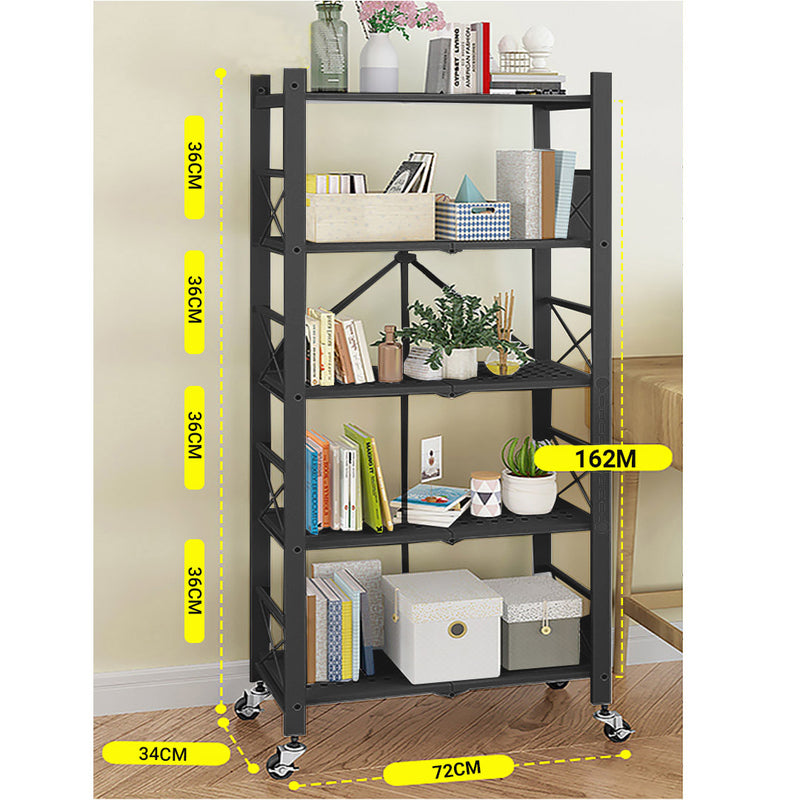 2X 5 Tier Carbon Steel Black Foldable Display Stand With Wheels For Storage