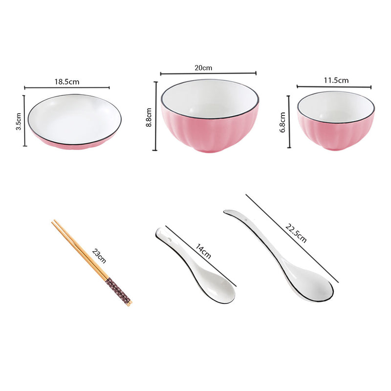 Pink Ceramic Dinnerware Set of 5 Japanese Style Stackable Ergonomic Bowls Plates