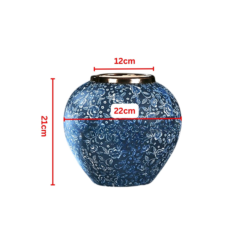 Small Ceramic Flower Vase 21x22Cm Blue With White Floral Handcrafted